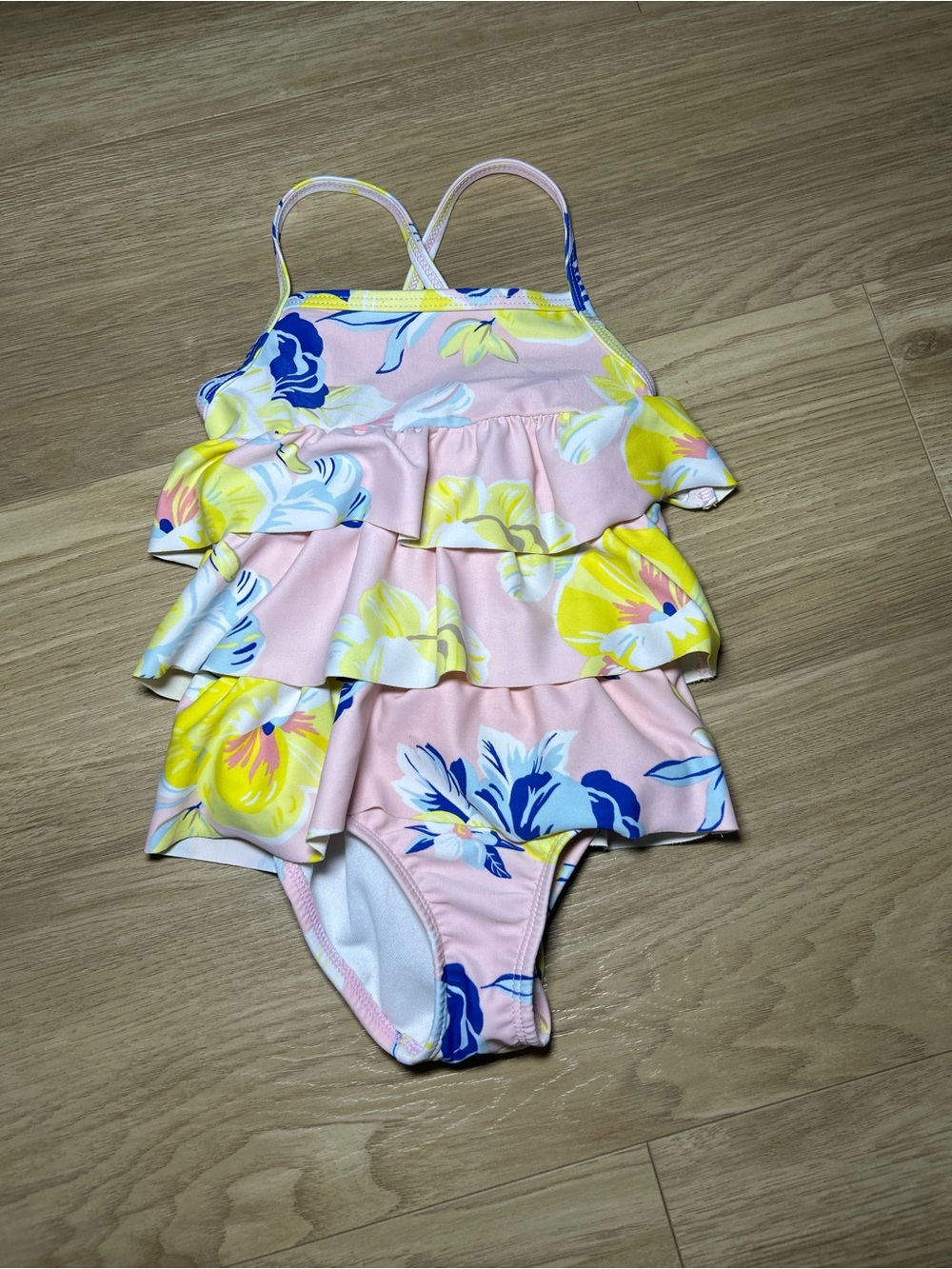Carter's Pink Floral Ruffle One-Piece Swimsuit with Yellow & Blue Flowers